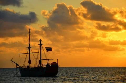 Sunrise over a Pirate Ship Stock Photos