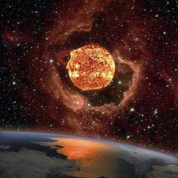 Sunrise over the planet Earth. The Sun in eruption appears on the RCW 79 in the Illustrazione stock