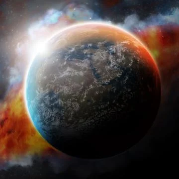 Sunrise over planet in space Illustrazione stock