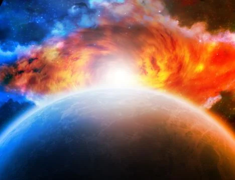 Sunrise over planet in space Illustrazione stock