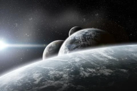 Sunrise over planet in space Stock Illustration