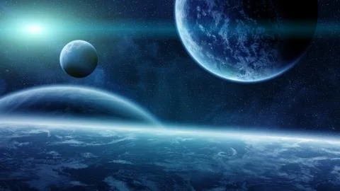 Sunrise over planets in space Illustrazione stock