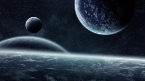 Sunrise over planets in space Stock Illustration