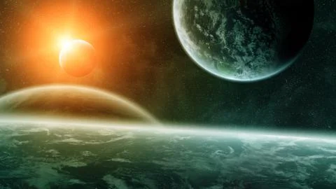 Sunrise over planets in space Stock Illustration