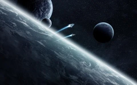 Sunrise over planets in space Illustrazione stock