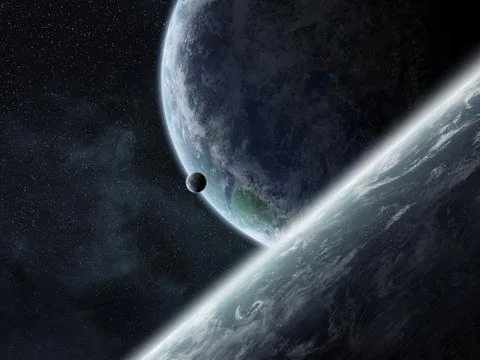 Sunrise over planets in space Stock Illustration