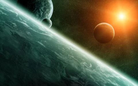 Sunrise over planets in space Stock Illustration