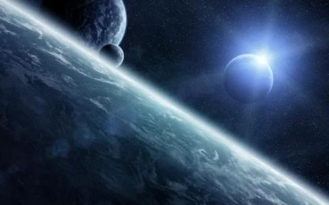 Sunrise over planets in space Stock Illustration