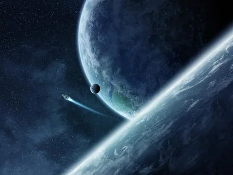 Sunrise over planets in space Stock Illustration