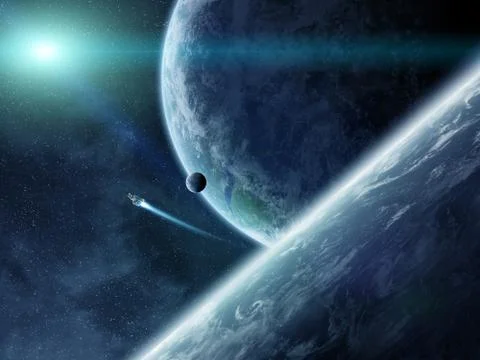Sunrise over planets in space Stock Illustration