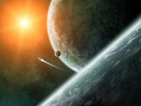 Sunrise over planets in space Stock Illustration
