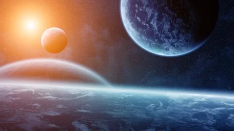 Sunrise over planets in space 스톡 일러스트