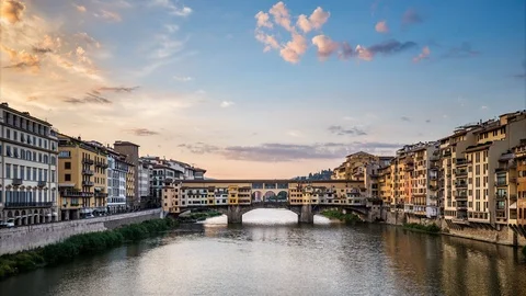 Sunrise over Ponte Vecchio in Florence, Italy, on a summer day Stock Footage 104032381