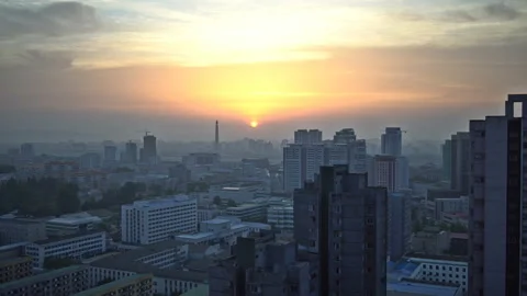 Sunrise over Pyongyang, DPRK - North Korea Stock Footage
