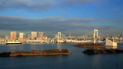 Sunrise over the Rainbow Bridge and Passing Ships Stock-Footage 330337376