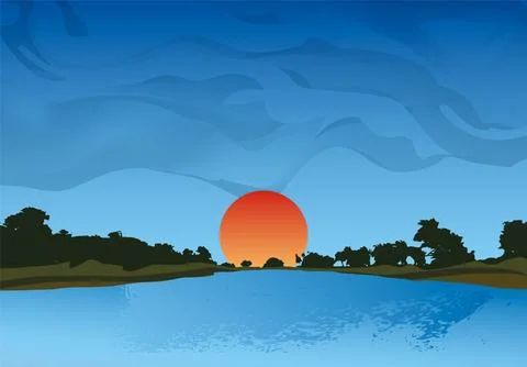 Sunrise over the river, a sunset over a lake with trees and water vector Ilustração Stock