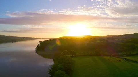Sunrise over River Teign from a drone, Newton Abbot, Devon, England, Europe Stock Footage 162556439