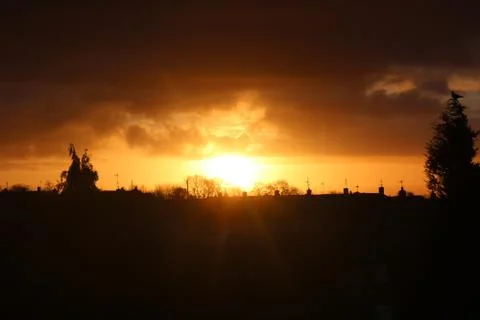 Sunrise over rooftops and trees Foto stock