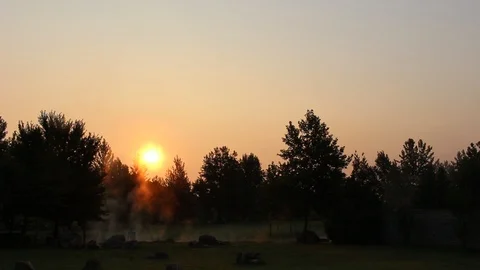 Sunrise over the Rupite and the monastery complex Stock Footage 95962270