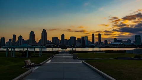 Sunrise over the San Diego skyline Stock Footage 128123741