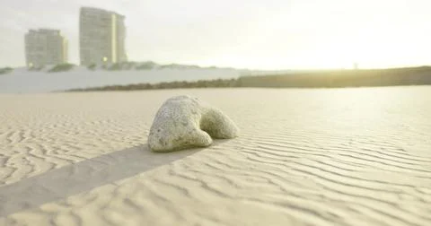 Sunrise over sandy beach with unique rock formation and distant buildings Stock Illustration