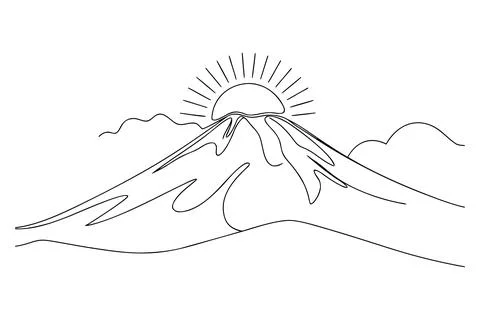 Sunrise over a stylized mountain with clouds landscape Stock Illustration
