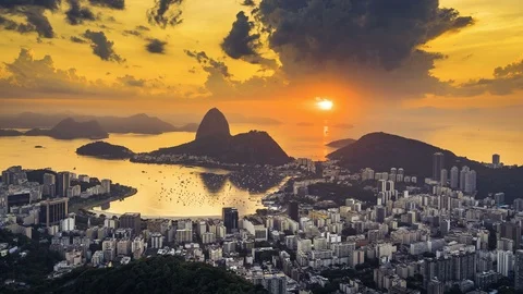 Sunrise over Sugarloaf Mountain in  Rio de Janeiro, Brazil. High angle view Stock Footage