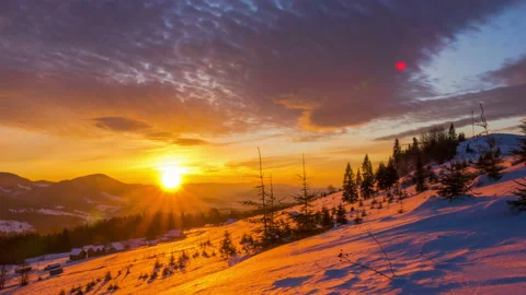 Sunrise over the Winter Mountain Stock Footage 95690738