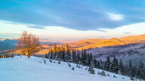 Sunrise over the Winter Mountain Stock Footage 95690892