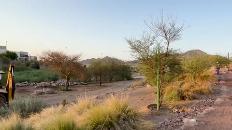 Sunrise Pan of Wadi Construction and Park Walkway Vídeo Stock 337888359