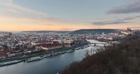 Sunrise at Panoramic view Prague oldtown with bridge Stock Footage 229210947