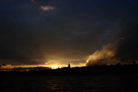 Sunrise before the rain view of the Istanbul skyline from the Bosphorus. Stock Photos