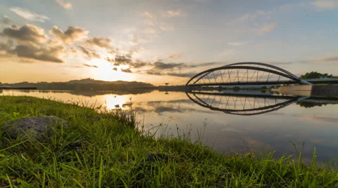 Sunrise With Rays At Putrajaya Dam Camera On Slider Stock Footage 39310796