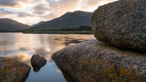 Sunrise Reflections Tidal River Wilsons Promontory Victoria Australia Timelapse Video stock 104965040