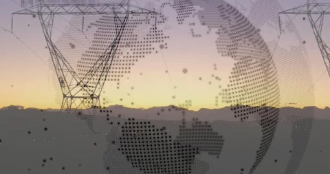 Sunrise revealing dot-matrix globe rotating code flickering on transmission Stock Footage 327063831