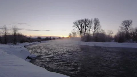 Sunrise on river in the winter Stock Footage 52500206