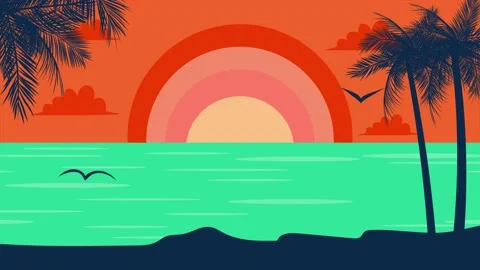 Sunrise Scene 2D Flat Animation. Dawn On The Sea With Palm Trees. Stock Footage 201545634