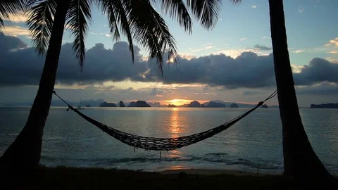 Sunrise by the sea with two palms tree and hammock. Timelapse. Stock Footage 80922296