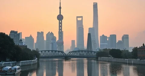 Sunrise in Shanghai Pudong with Bund Stock Footage