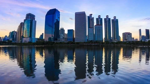 Sunrise Silhouette Building and Reflection On Water 4K Time Lapse (zoom out) Stock Footage 80275468