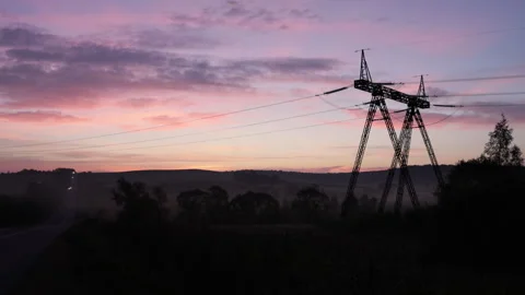 Sunrise silhouette, Power grid, Electric towers Stock-Footage 251663294