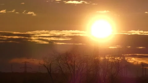 Sunrise sky, real time - 1/4 - power poles, wind turbines, trees, flying birds Stock Footage 151900976