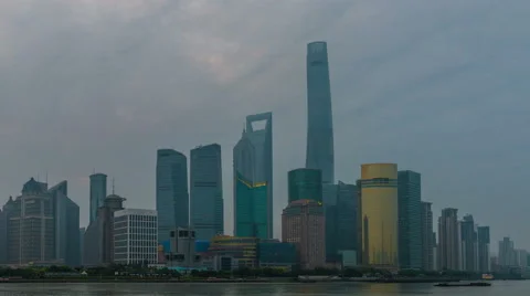 Sunrise Skyline view from Bund waterfront on Pudong，Shanghai Video stock 57423025