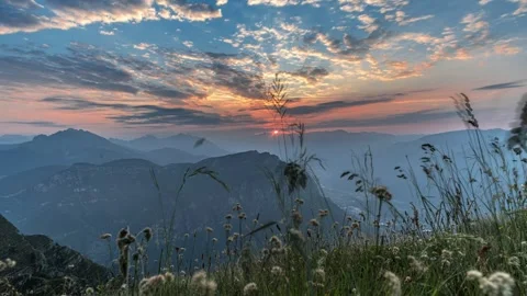Sunrise Slider Motion Timelapse with Wild Grass Foreground and Alpine Mountains Vídeos de archivo 345045827