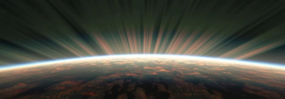 Sunrise from space aurora, 3d rendering Illustrazione stock