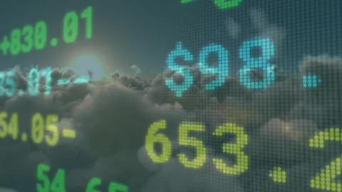 Sunrise starting color-coded ticker scrolling over clouds, shifting digits, Stock Footage 328360802
