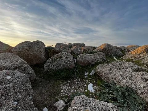 Sunrise at stone, in side Antalya 스톡 사진
