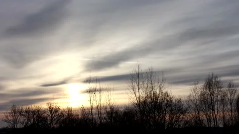 Sunrise sun over trees silhouettes - time lapse clouds - sky background - 24 fps Stock Footage 147965700