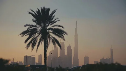 Sunrise Sunset Tall Building Burj in Dubai. Skyline Cityscape City Stock Footage