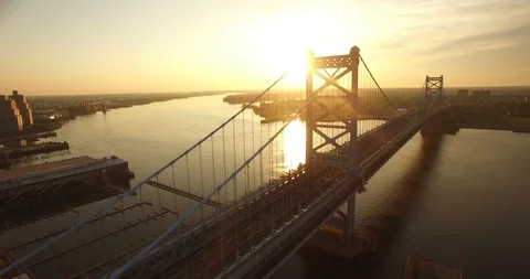 Sunrise through the Ben Franklin Bridge Stock Footage 114240433